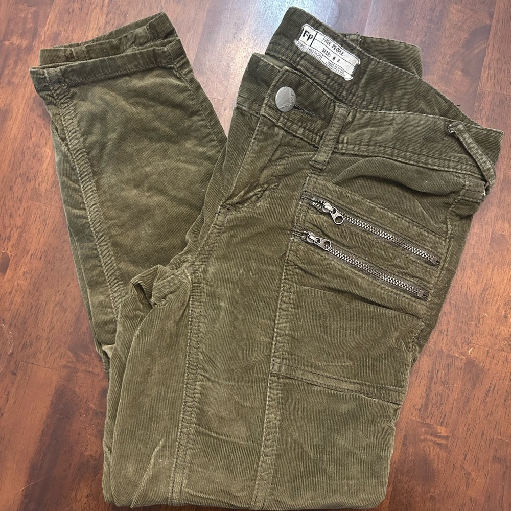 Free People Army Green Corduroy Pants with Zipper Details Size 2